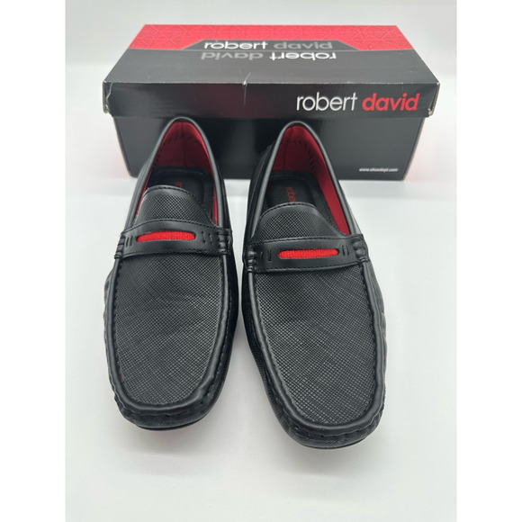 Robert David Mens Kobe Penny Loafers Black Red Slip-On Driving Moc Toe 7M New - Picture 3 of 7